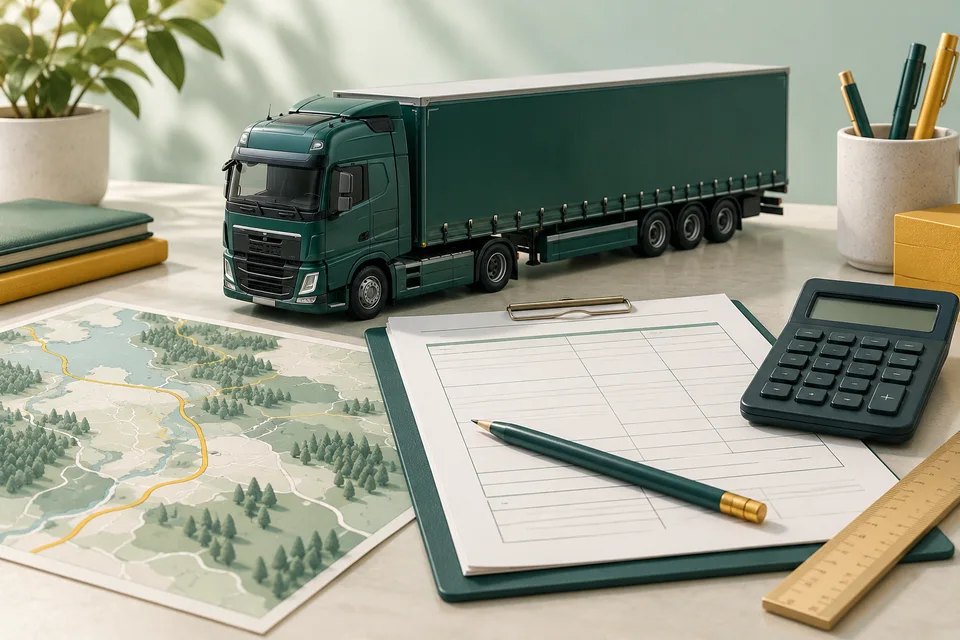 Illustration av en modellastbil, kalkylator och transportplanering.