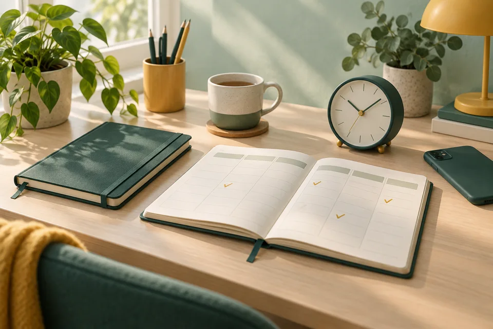 Illustrerad studieplats med kalender, anteckningsbok och klocka.