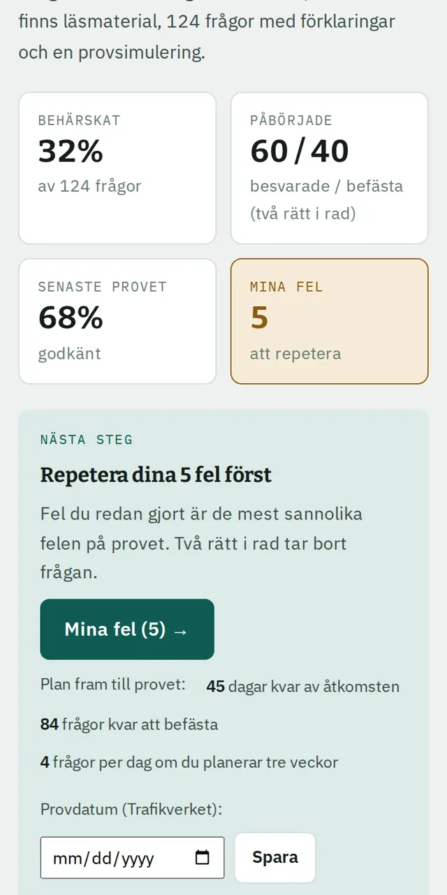 Kursens översikt i mobilen: behärskat, påbörjade frågor, senaste provet, mina fel och nästa steg