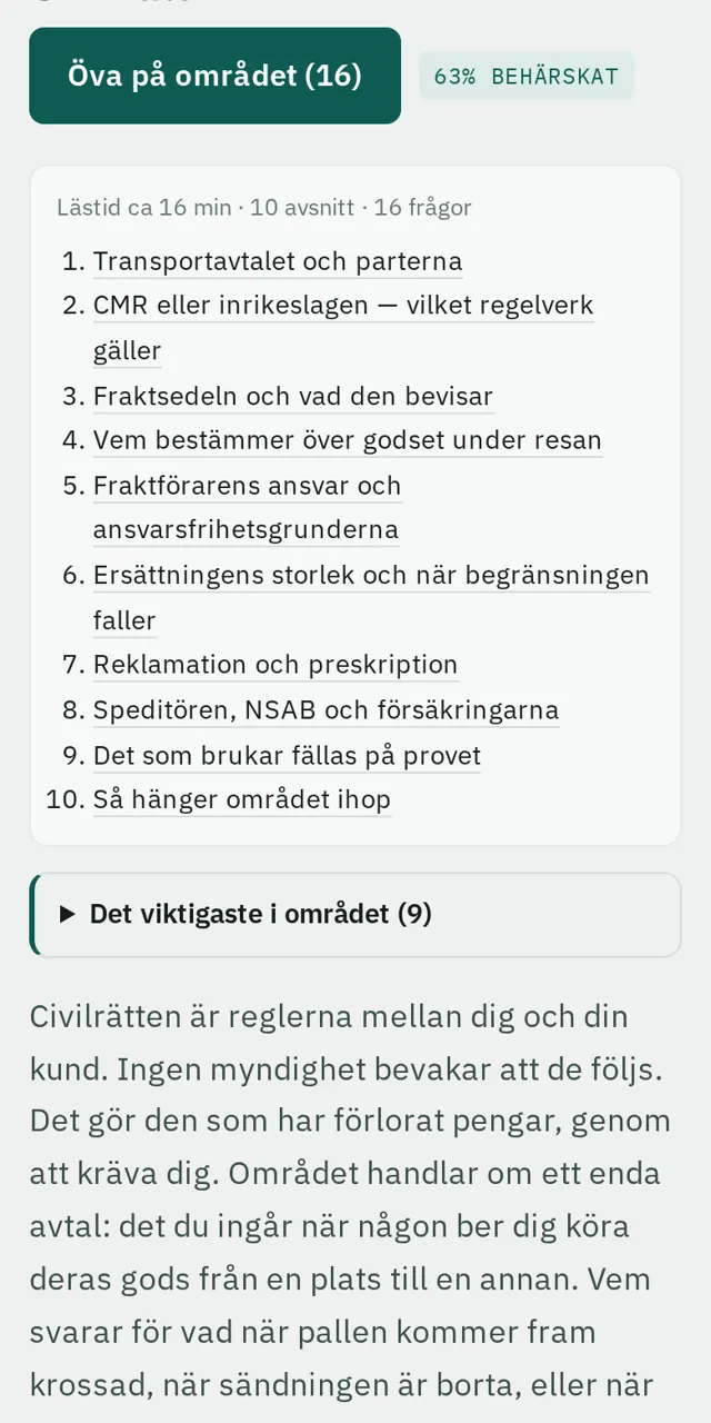 Ett ämnesområde i kursen: lästid, innehållsförteckning och det viktigaste i området