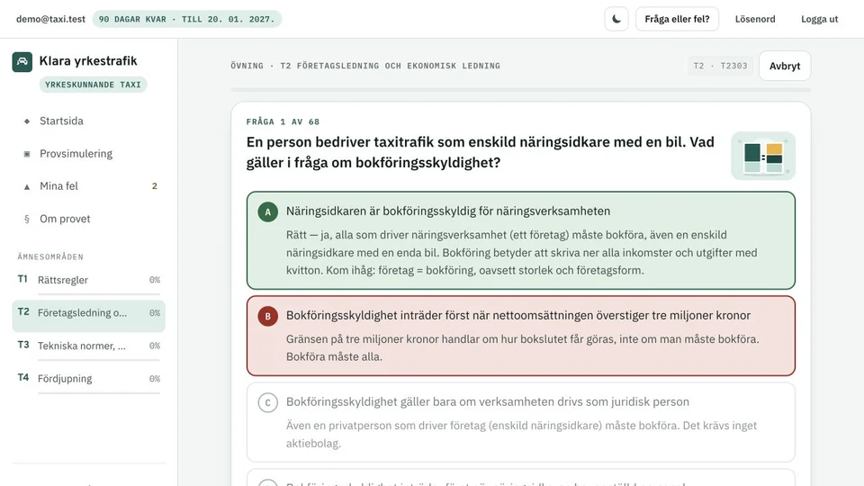 Demovy från taxikursen: Förstå varje svar. Exempeldata.