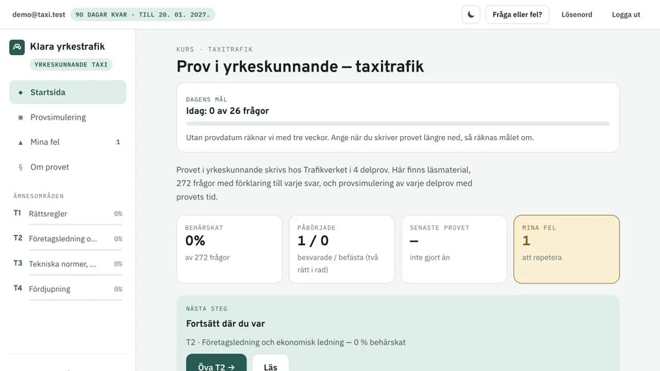 Demovy från taxikursen: Följ de fyra delproven. Exempeldata.