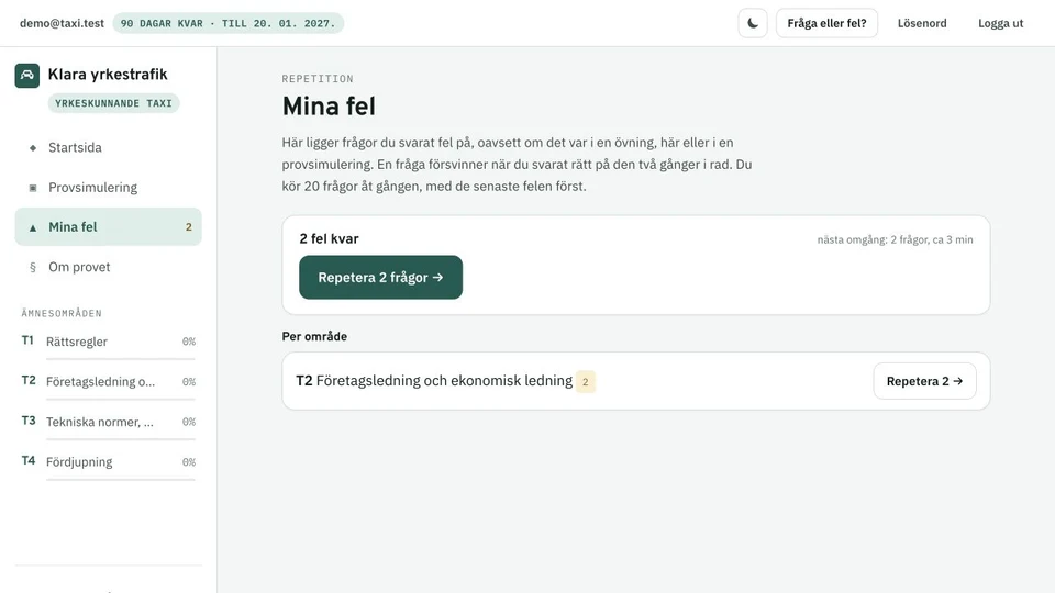Demovy från taxikursen: Repetera dina fel. Exempeldata.